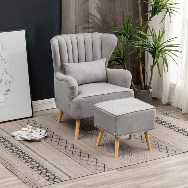 Contemporary Wing Back Armchair and Ottoman Set with Cushion and Footstool