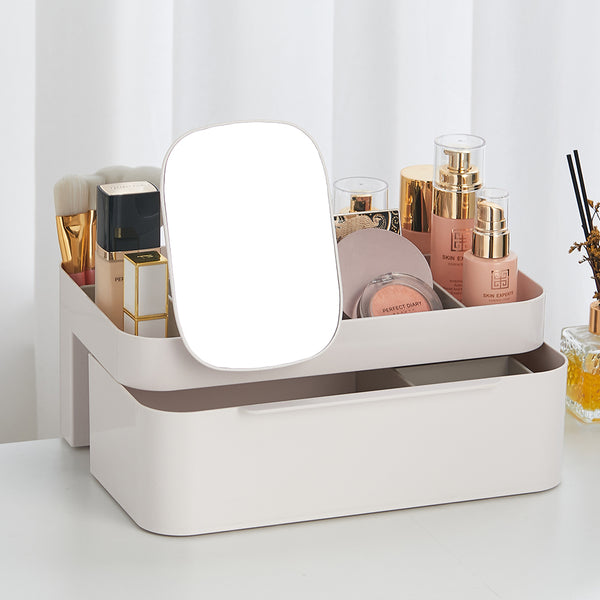 Off-white 2 Compartments Makeup Cosmetic Organizer with Mirror
