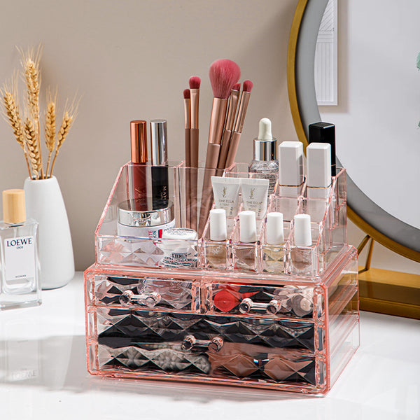 Pink Plastic Tiered Makeup Organizer with Drawers