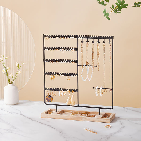 Sleek Black Jewelry Display Stand with Divided Wooden Base