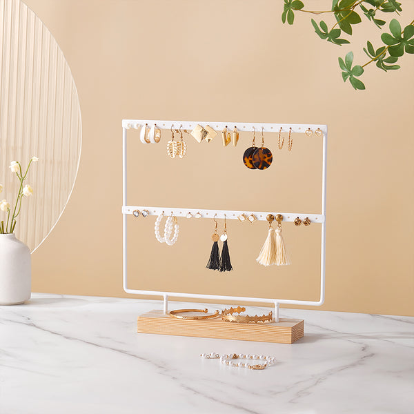 Elegant 2-Tier  Earring Display Stand with Wooden Base