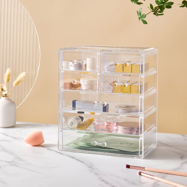 Minimalist Transparent Plastic Makeup Organizer Box with 7 Drawers