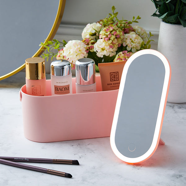 Pink Portable Vanity Travel Makeup Box with LED Lighted Mirror