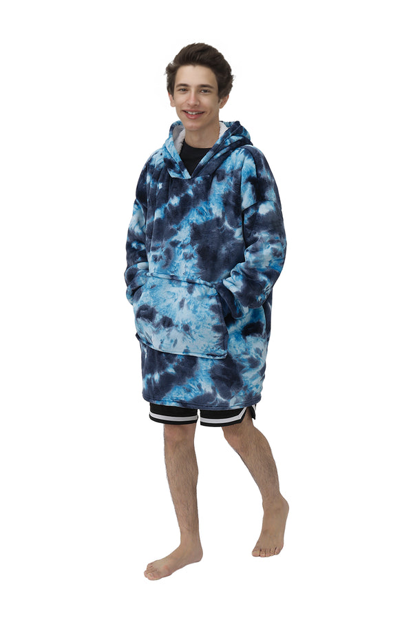 Oversized Tie-dye Sherpa Blanket Hoodie with Front Pocket-Dark Blue