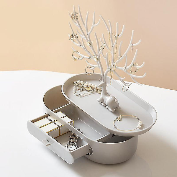 White Plastic Antlers Tree Jewelry Organizer Stand with Drawer