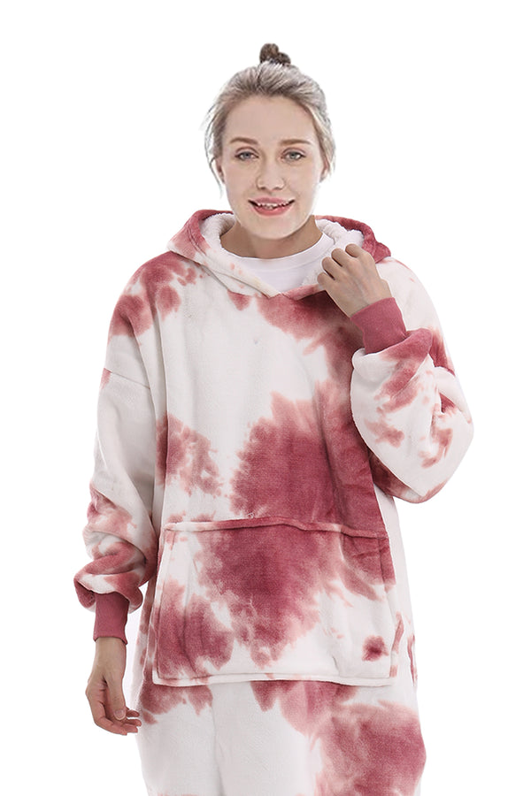 Oversized Tie-dye Sherpa Blanket Hoodie with Front Pocket-Pink